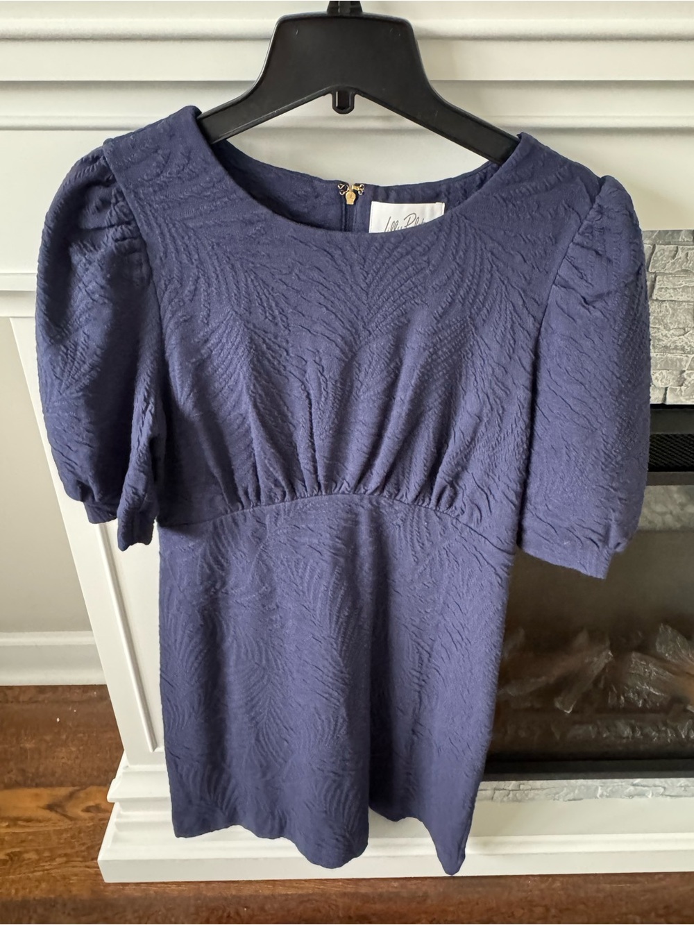 Lilly Pulitzer Kiely Dress Navy Textured/jacquard Puff-Sleeve Mini NWT